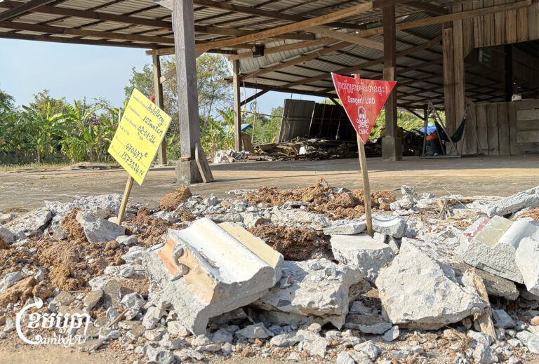 A UXO sign placed near a Cambodian villager’s house in Choam Ksant district in Preah Vihear province where the Thai military struck during the 21-day renewed clash in December 2025. Photo taken on January 9, 2026. (CamboJA/Va Sopheanut)