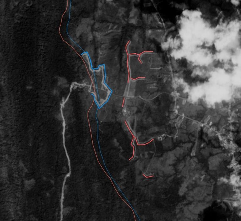 A CamboJA News analysis of satellite imagery and border surveys suggests trenches dug by Thai and Cambodian forces along a disputed area of Pursat province in December through late January. (CamboJA)