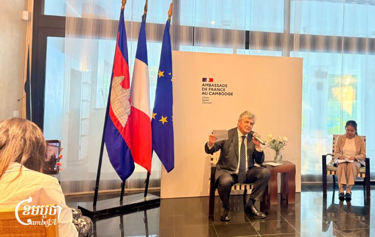 French Minister Delegate Nicolas Forissier speaks to the press at the French embassy in Phnom Penh, July 10, 2026. (CamboJA/Sovann Sreypich)