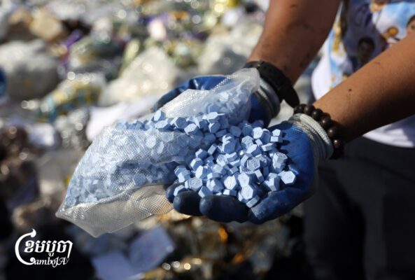 Authorities burn more than five tons of drugs seized from various operations and during International Day Against Drug Abuse and Illicit Trafficking in Ponhealeu district Kandal province, July 21, 2026. (CamboJA/ Pring Samraing)