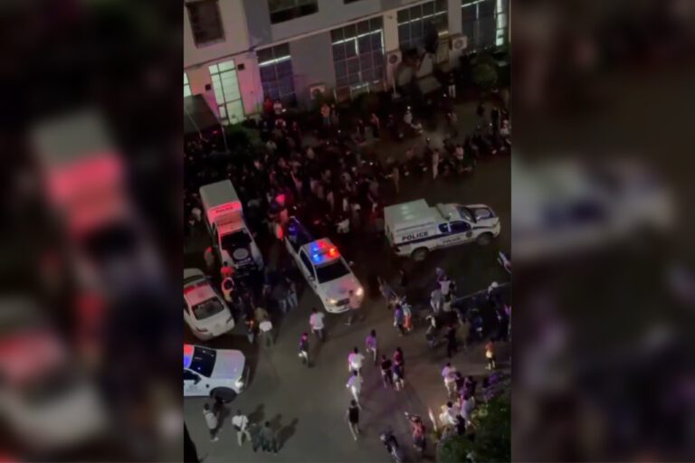 A screenshot of a video by local media shows foreign workers protesting at China Town in Preah Sihanouk province about 10 p.m on October 4, 2025.