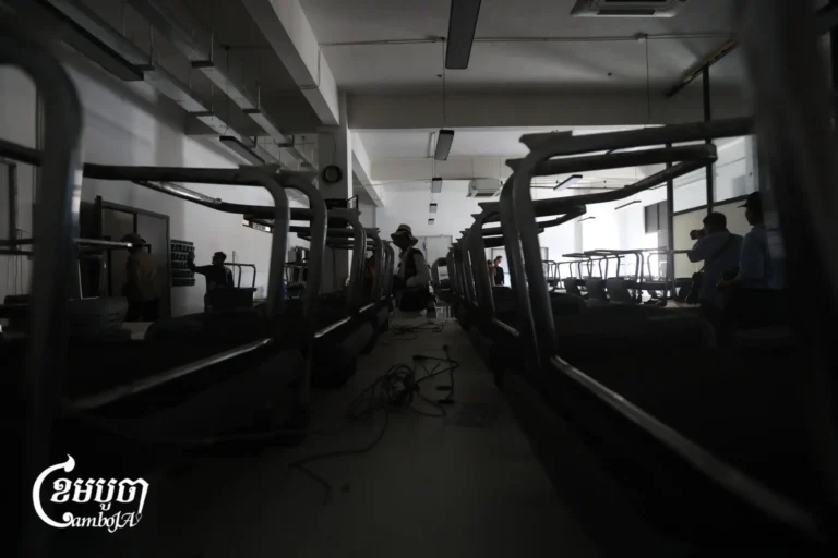 A view inside the “8 Park” scam compound in Prey Veng province during a media tour organized by Cambodian authorities, Sept. 21, 2026. (CamboJA/Pring Samrang)