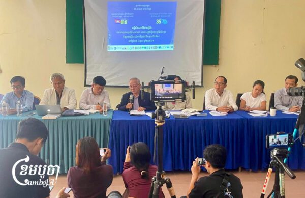 Representatives of civil society groups hold a press conference to express disappointment over authorities’ rejection of permission to organize a gathering to celebrate the Paris Peace Agreements, October 25, 2026. (CamboJA/Khuon Narim)